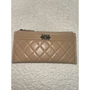 Chanel Beige Quilted Leather Zip Wallet with Authenticity Card